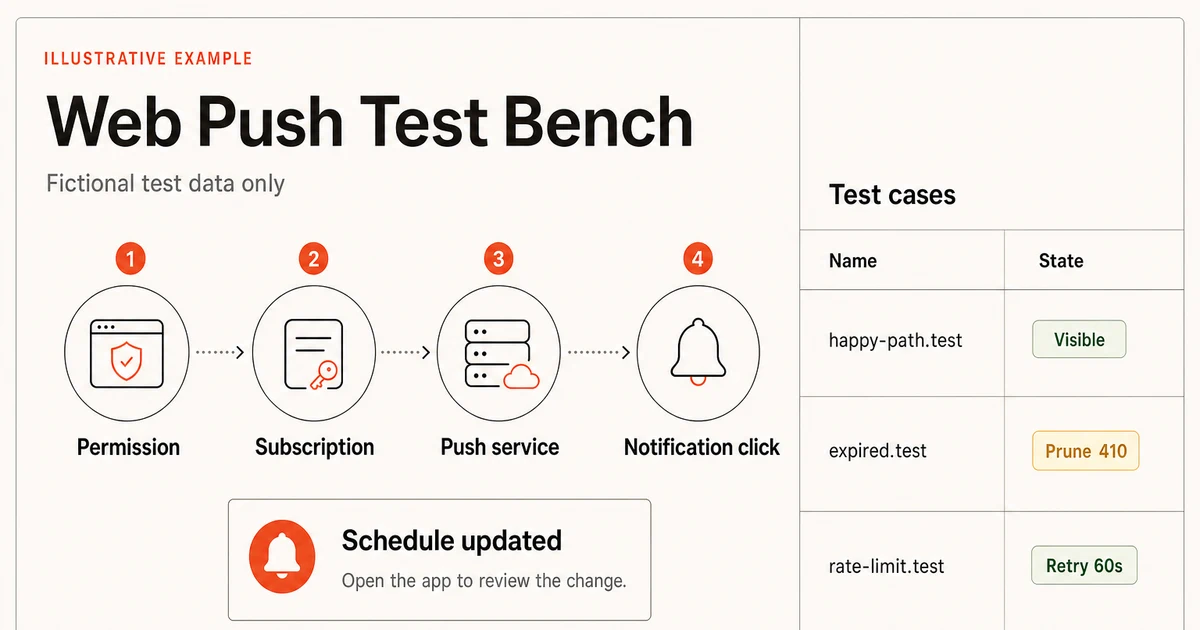 Illustrative Web Push delivery console showing permission, subscription, delivery, click, expiry, and retry states