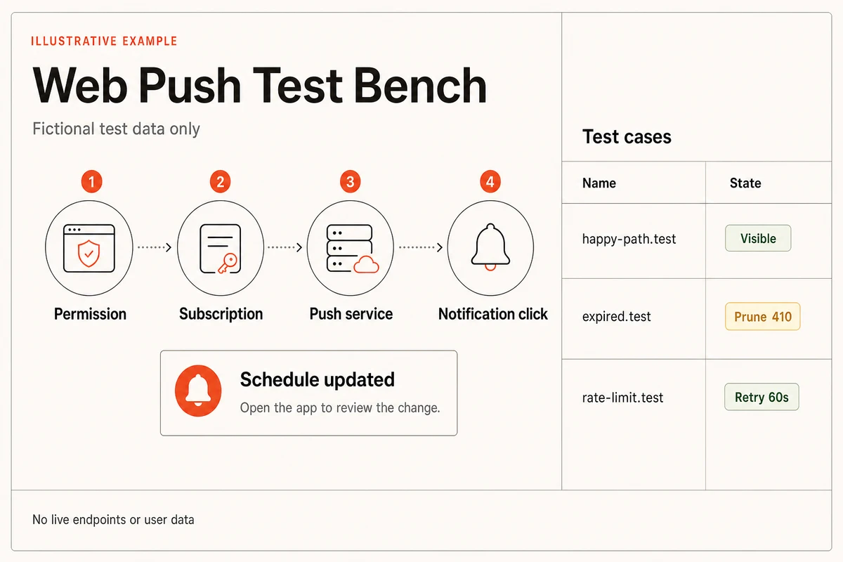 Illustrative Web Push test bench with four lifecycle stages, a fictional notification preview, and visible, prune 410, and retry 60 second cases