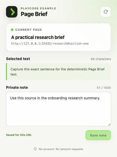 Page Brief Chrome extension showing captured page context and a saved private note