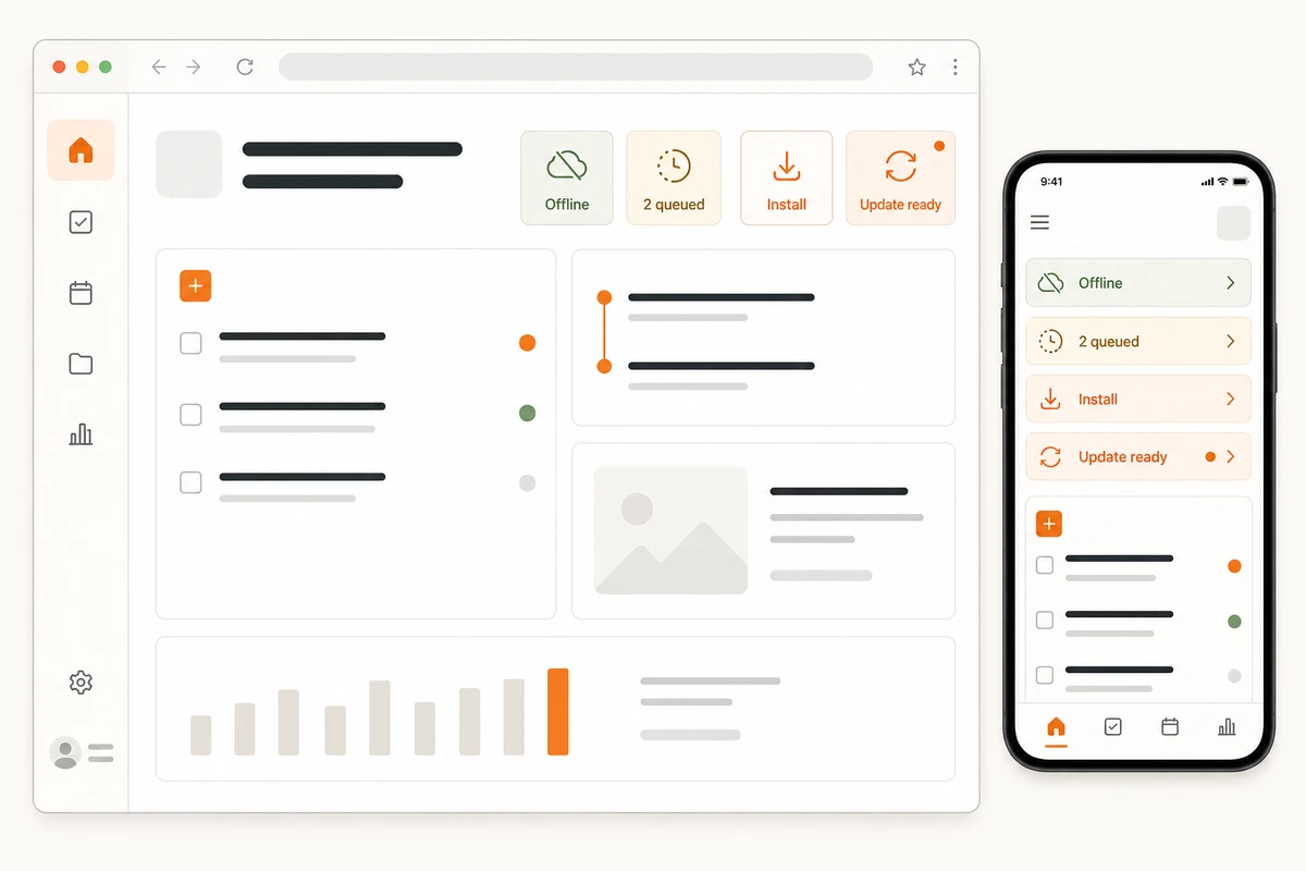 Illustrative responsive PWA dashboard with offline, queued action, install, and update-ready controls