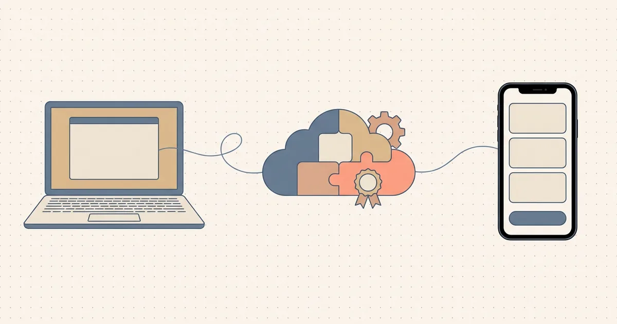 A laptop connected to a cloud build service holding a gear and a certificate, which passes a finished app to a phone