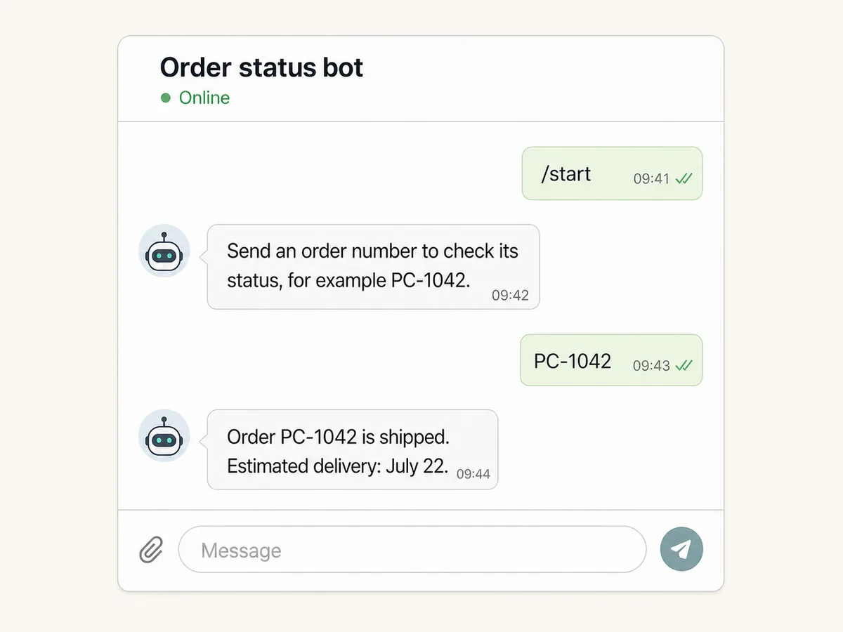 Illustrative order-status bot conversation from start command to shipped order reply