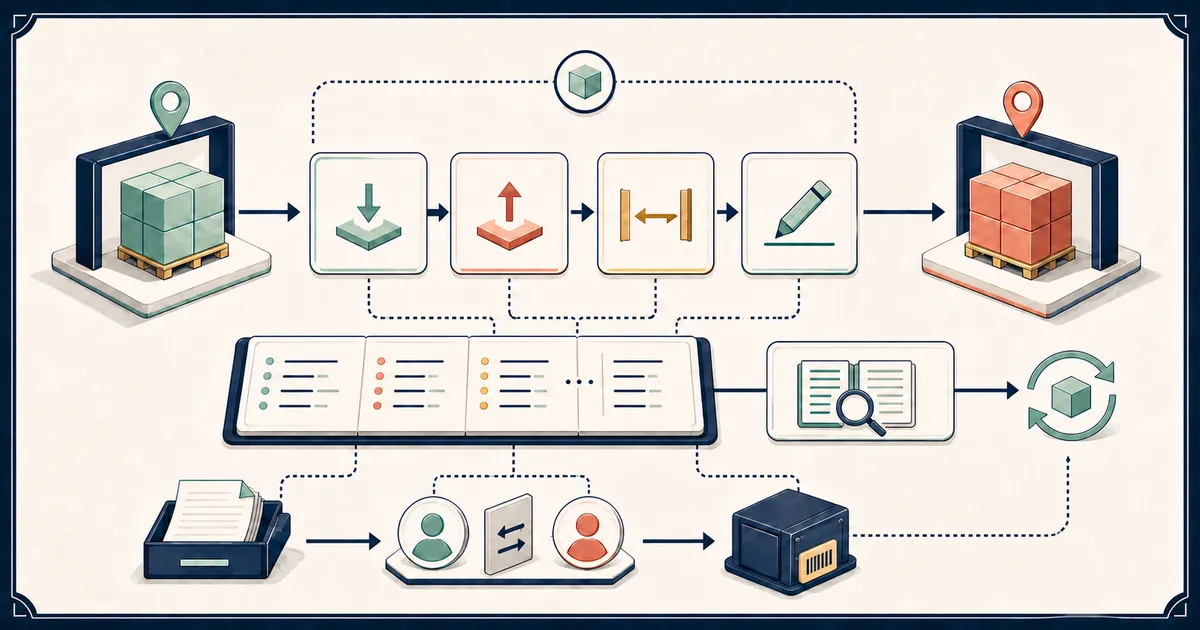 Illustrative inventory workflow diagram with stock pallets at two locations, movement icons, a ledger, role checks, audit confirmation, and locked recovery