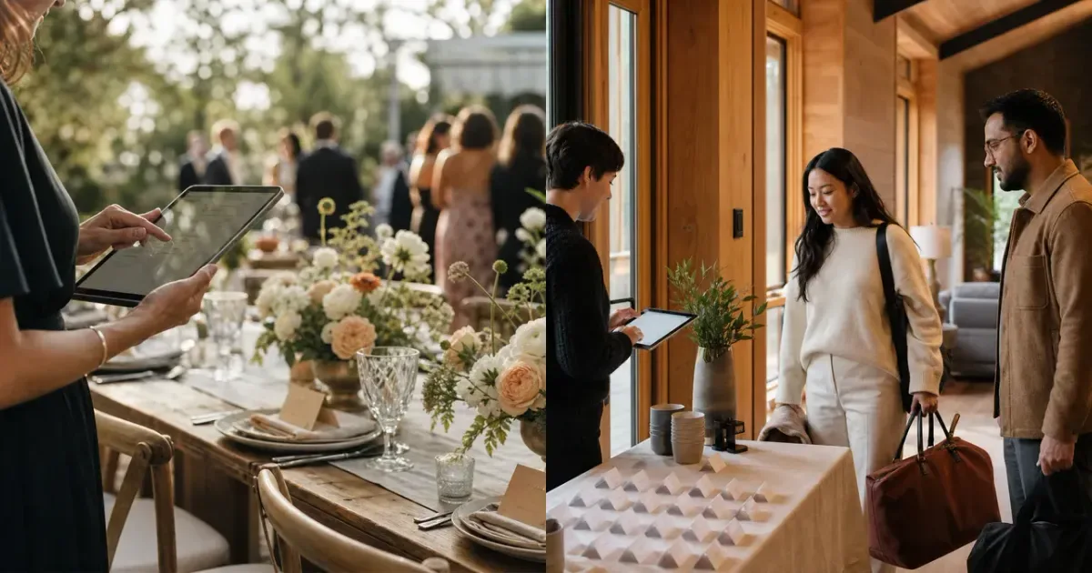 Wedding and company event organizers checking guest arrivals with tablets