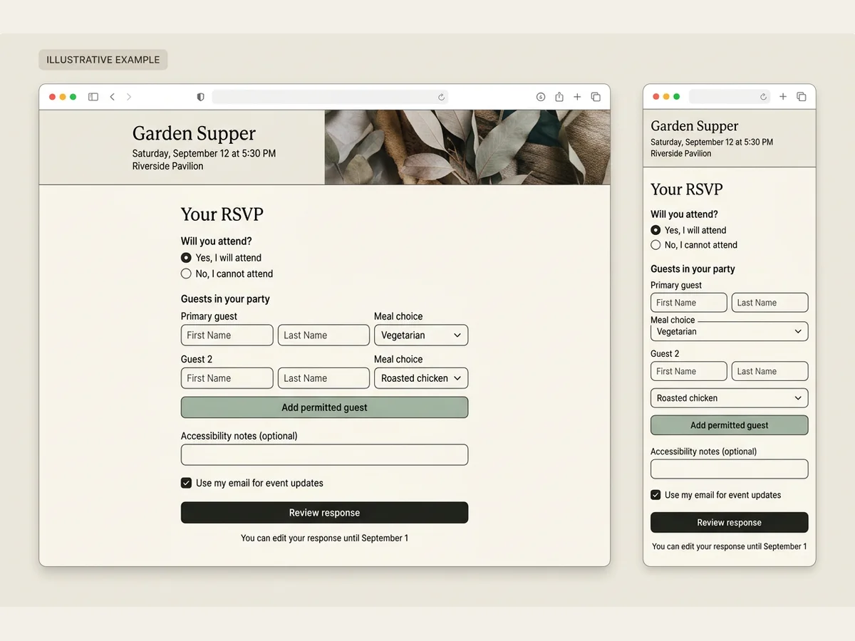 Illustrative unbranded RSVP form shown in desktop and mobile layouts with two guest rows, meal choices, accessibility notes, and review response button