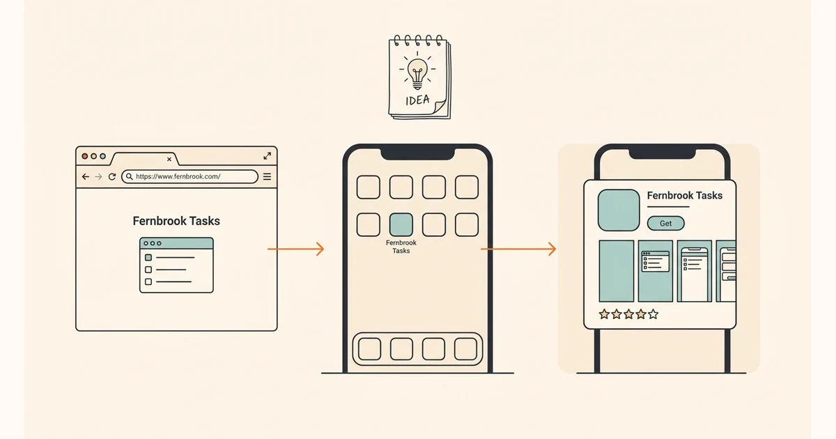 Illustrative diagram of one idea reaching people three ways: a browser link, a phone home screen icon, and an app store listing