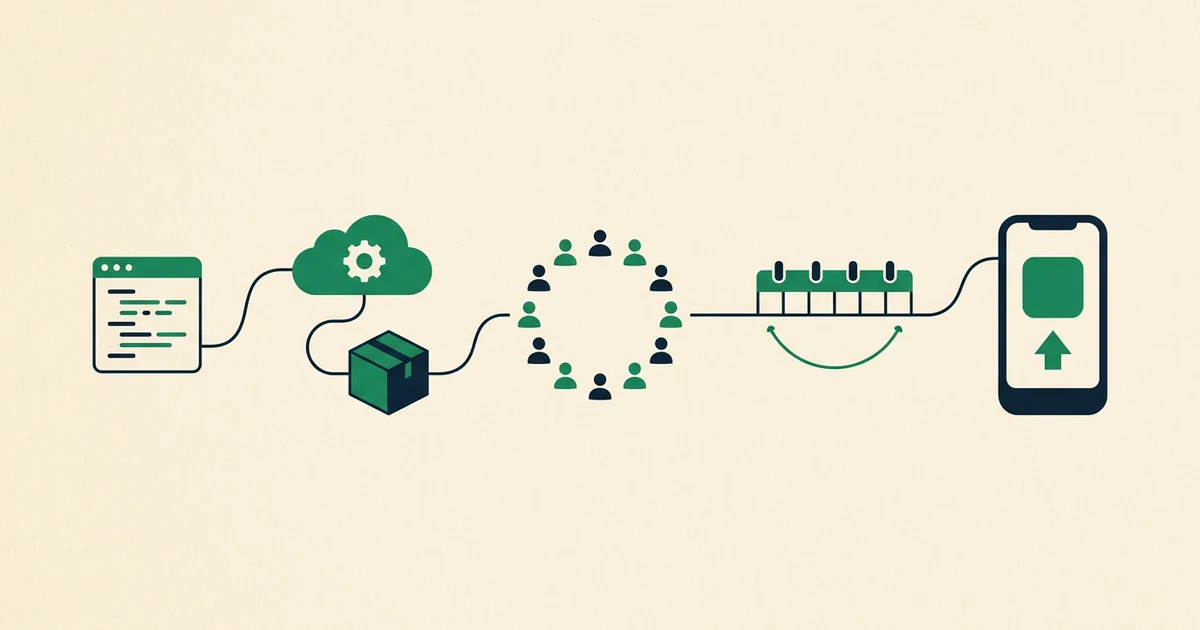 Illustrative sequence from a code project, through a cloud build producing a signed bundle, to a ring of closed testers, a two-week calendar span, and a phone releasing the app