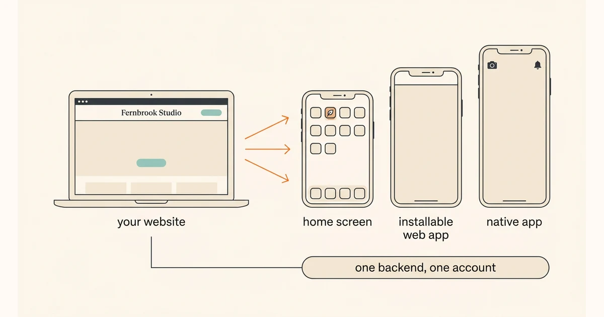 Illustrative diagram of one website branching into three phone rungs: a home screen icon, an installable web app, and a native app on one shared backend