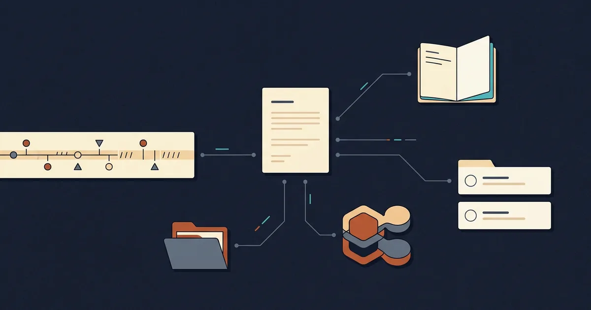 Illustrated incident learning record linking a timeline, evidence, contributing factors, lessons, and follow-up actions