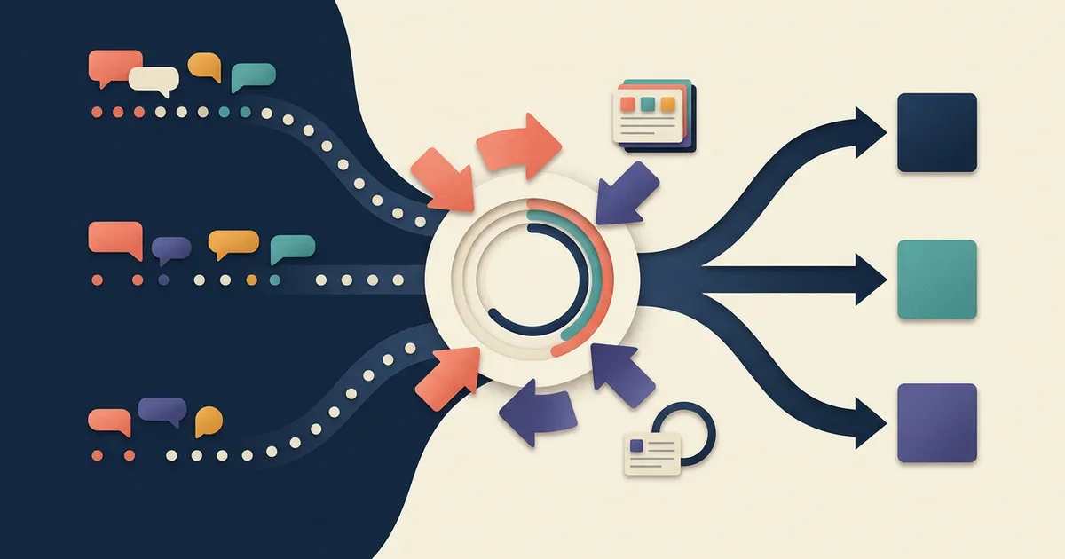 Text-free illustration of three interview paths converging into progress dimensions, forces, evidence, outcomes, and review