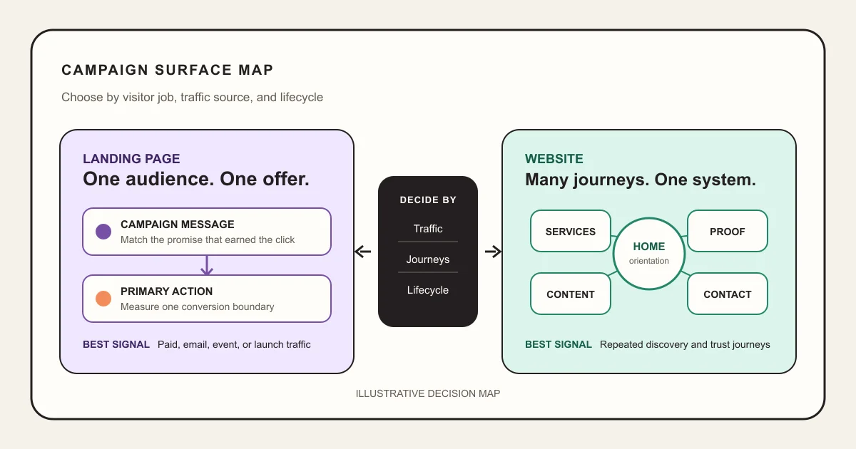 Focused campaign landing page beside a connected multi-page website decision map