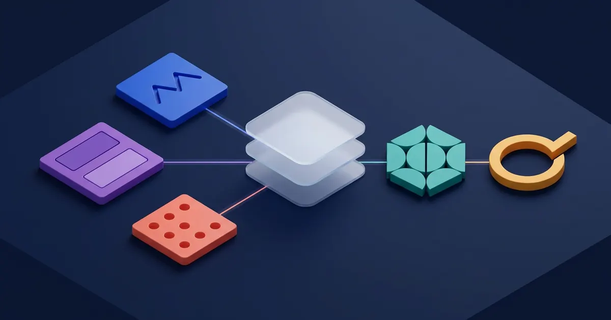 Abstract evidence tiles flowing through blank learning layers into handoff and follow-up symbols