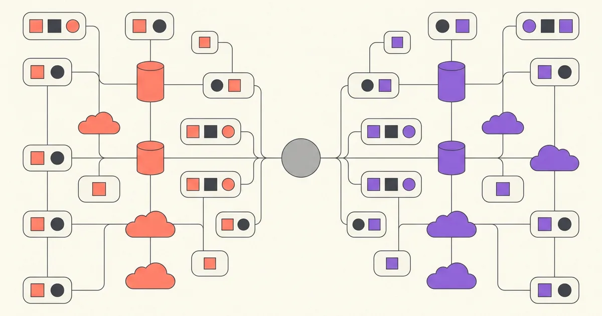 Neutral system map comparing two equally weighted web app production paths