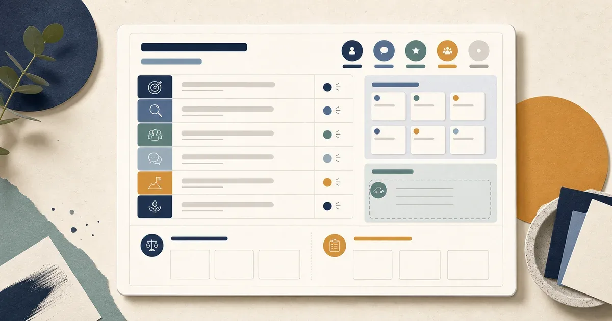 Abstract agenda board with timed discussion rows, participant roles, preparation cards, and a parking-lot area