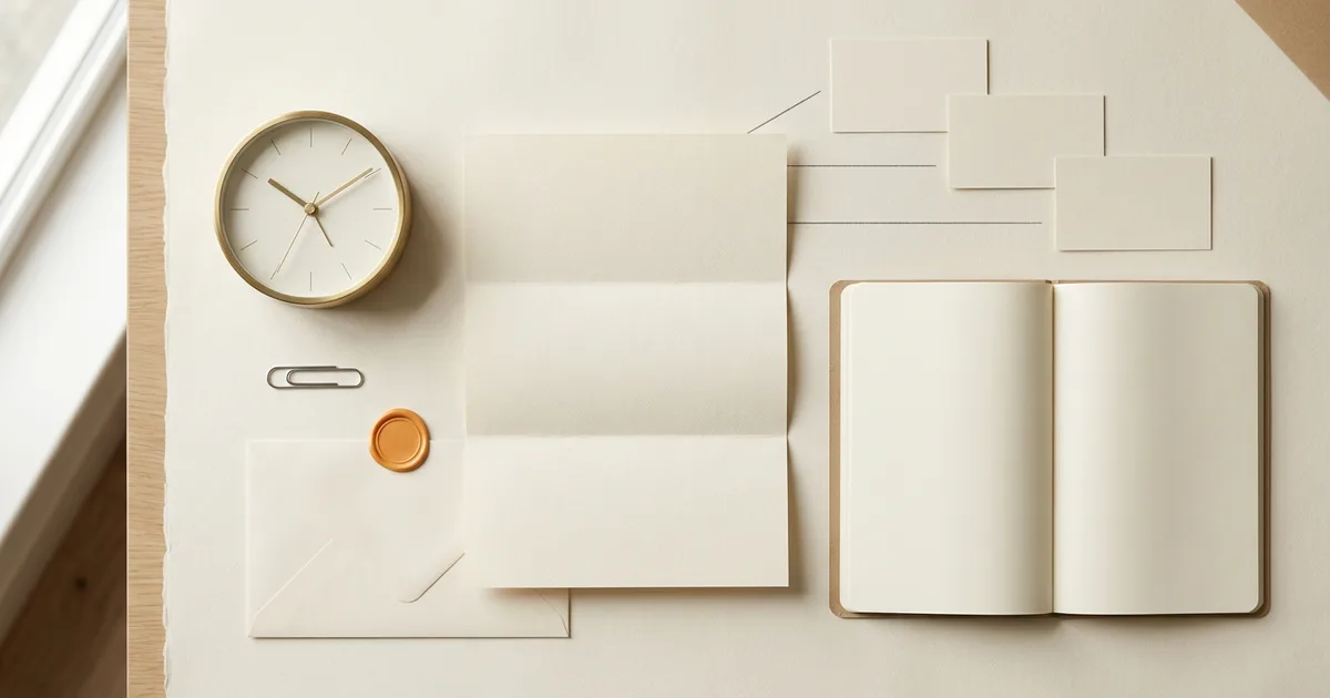 Text-free overhead still life with blank letter paper, task cards, notebook, clock, paperclip, and orange seal
