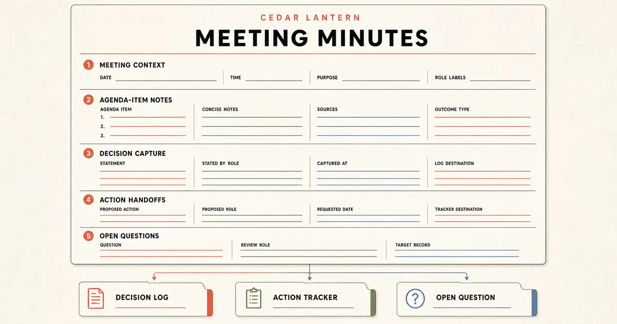 Editorial meeting record with agenda-item notes, decision capture, action handoffs, open question, and source references