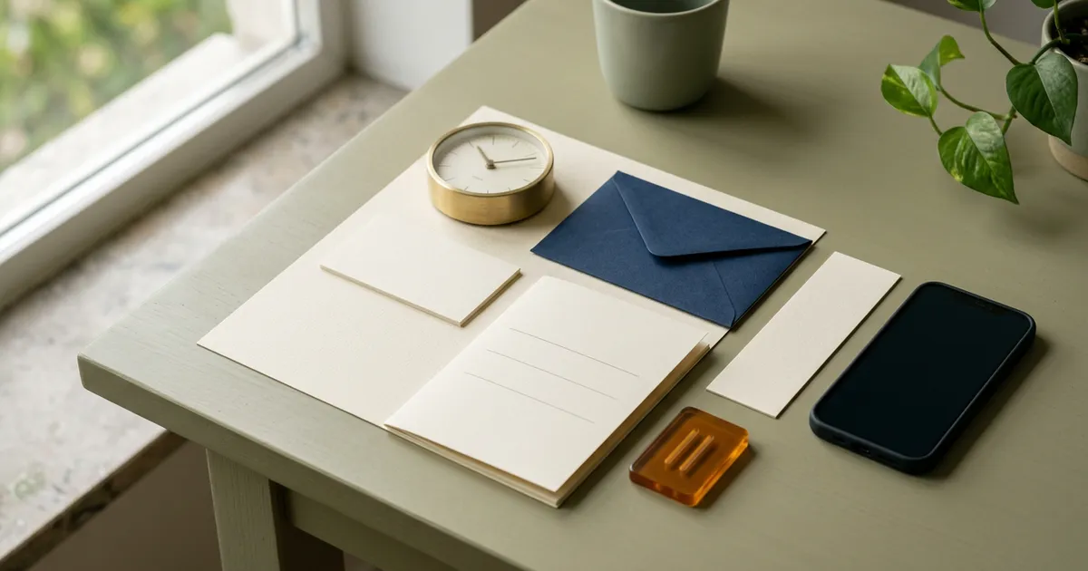 Editorial still life of a blank meeting card, agenda sheets, clock, sealed envelope, and inactive phone
