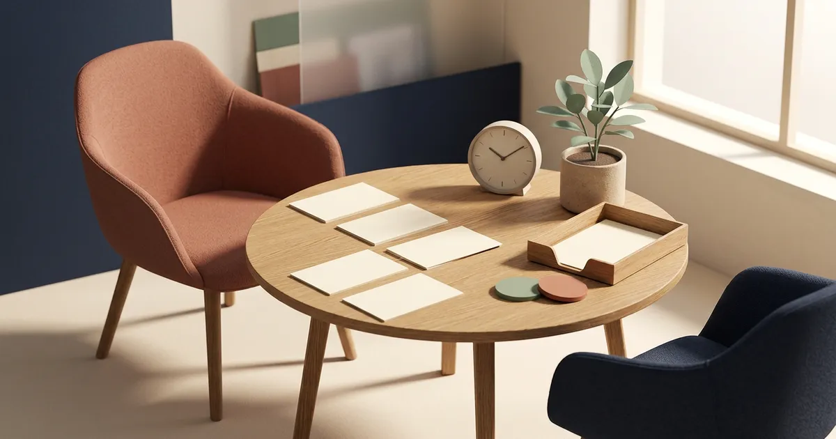 Editorial workspace with two facing chairs, shared agenda cards, a clock, and two unconfirmed action tokens