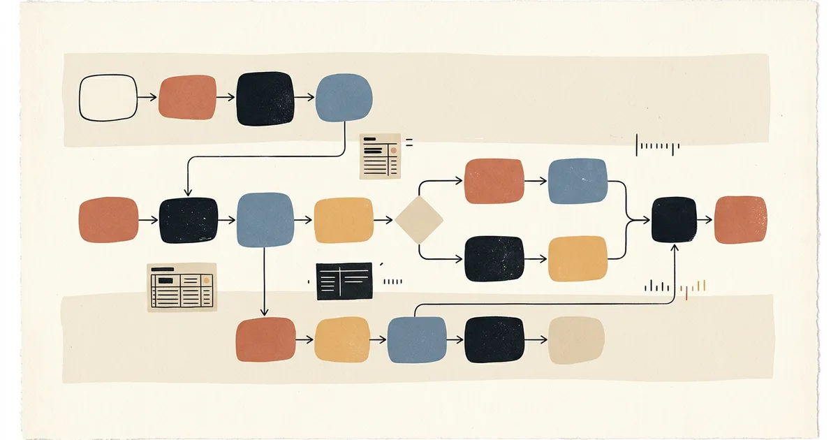 Neutral illustrated cross-functional process map with three swimlanes, handoff arrows, records, and a decision branch