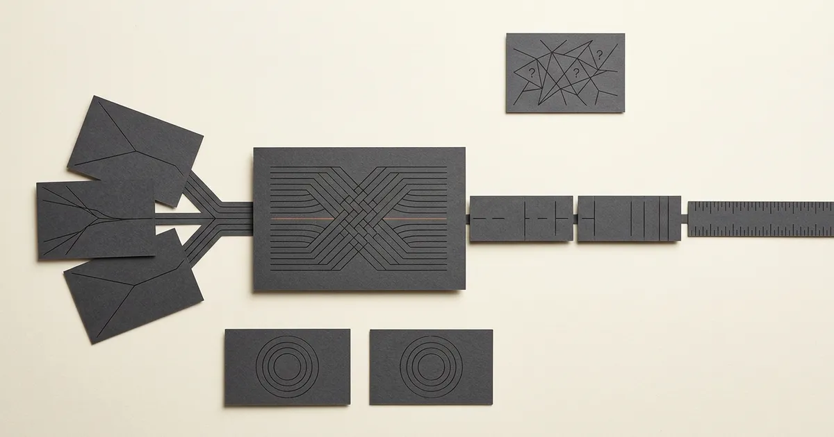 Abstract product strategy composition with evidence cards converging on a choice, set-aside options, unresolved questions, and a measurement rule