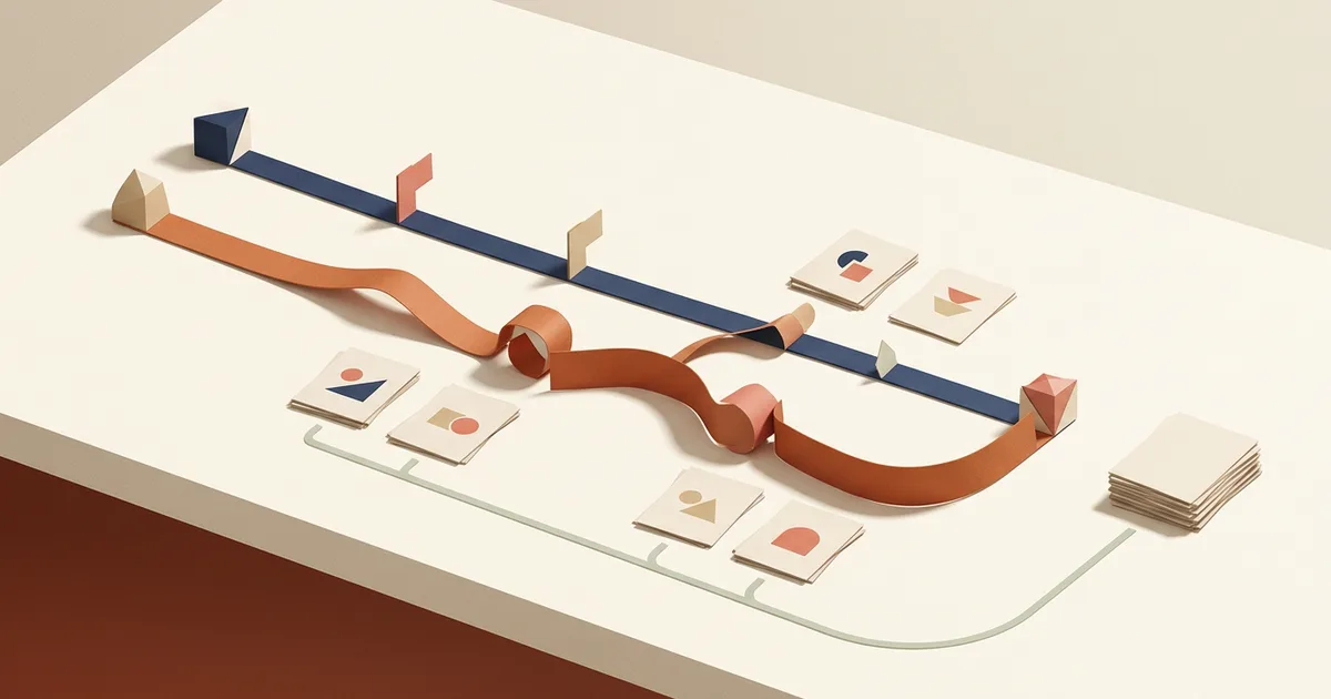 Text-free editorial illustration comparing a planned project path with observed turning points, learning cards, and an action handoff