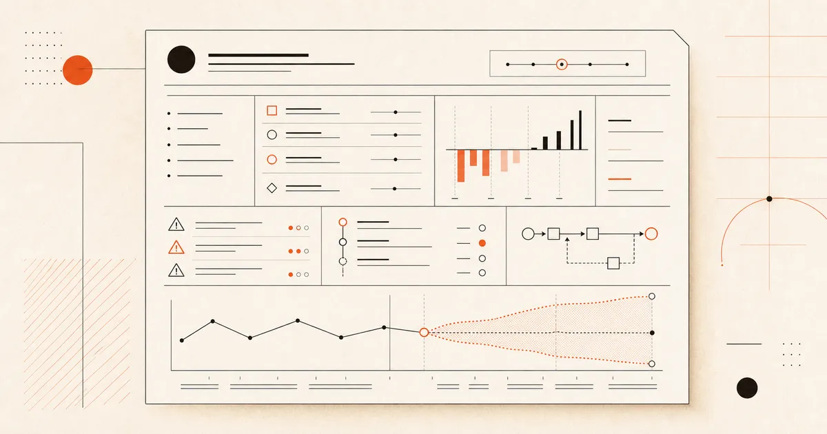 Illustrated project status report connecting evidence, variance, risks, decisions, dependencies, and an uncertain forecast