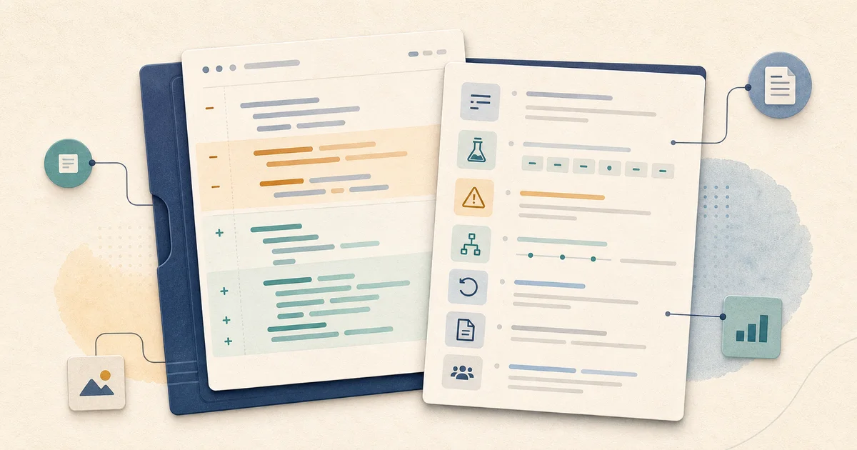 Illustration of a pull request description connecting a code diff to tests, risks, rollback, documentation, and reviewer context