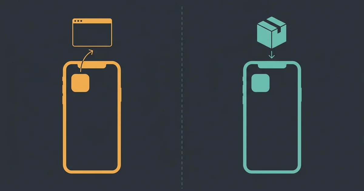 Split illustration comparing a web app added to a phone home screen with an app installed from a store package