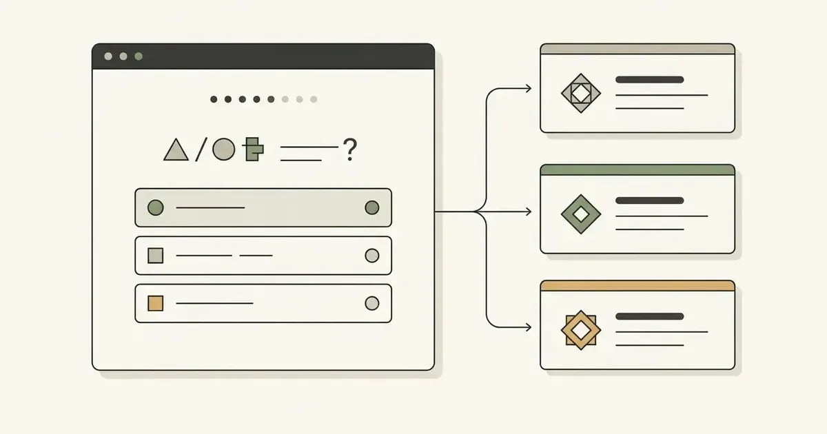 Illustration of a website quiz branching to three neutral result paths