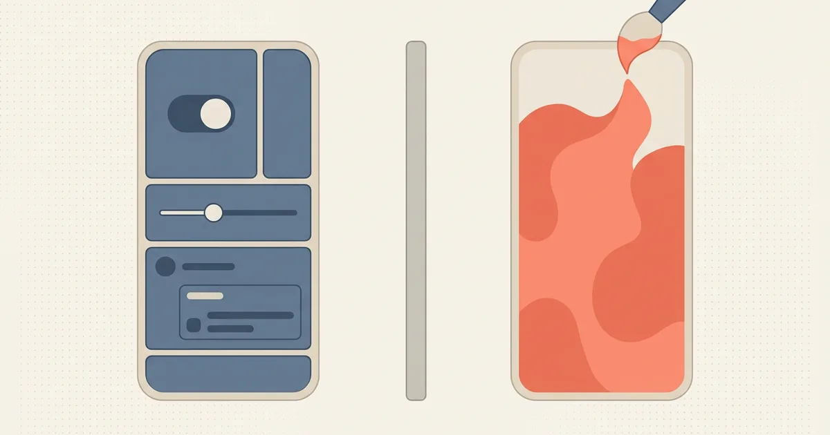 Two phone shapes side by side: one assembled from separate platform interface parts, one painted as a single surface by a brush