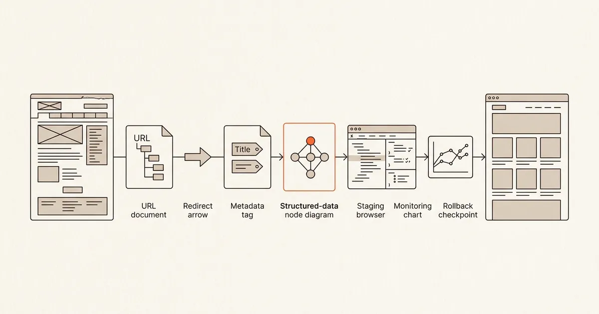 Illustrative sequence from an existing website through URL, redirect, metadata, structured data, staging, monitoring, and rollback checkpoints to a redesigned website