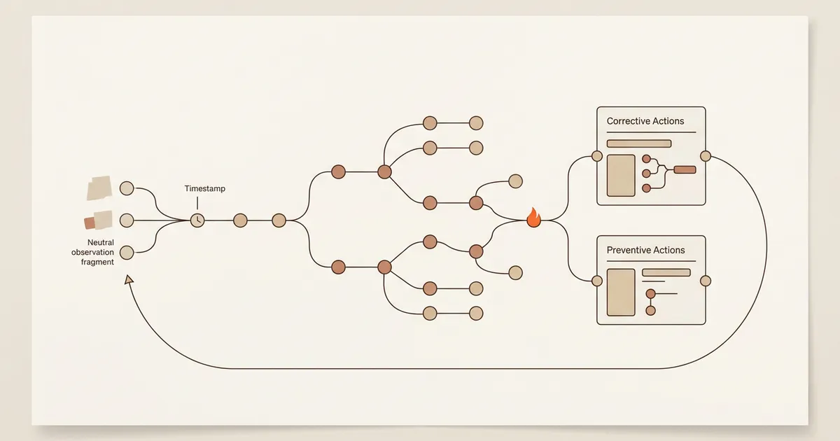 Illustrative causal-analysis flow from evidence and timeline through a fictional event to actions and verification