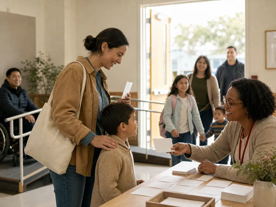 A family checking in at the welcome table for a community event