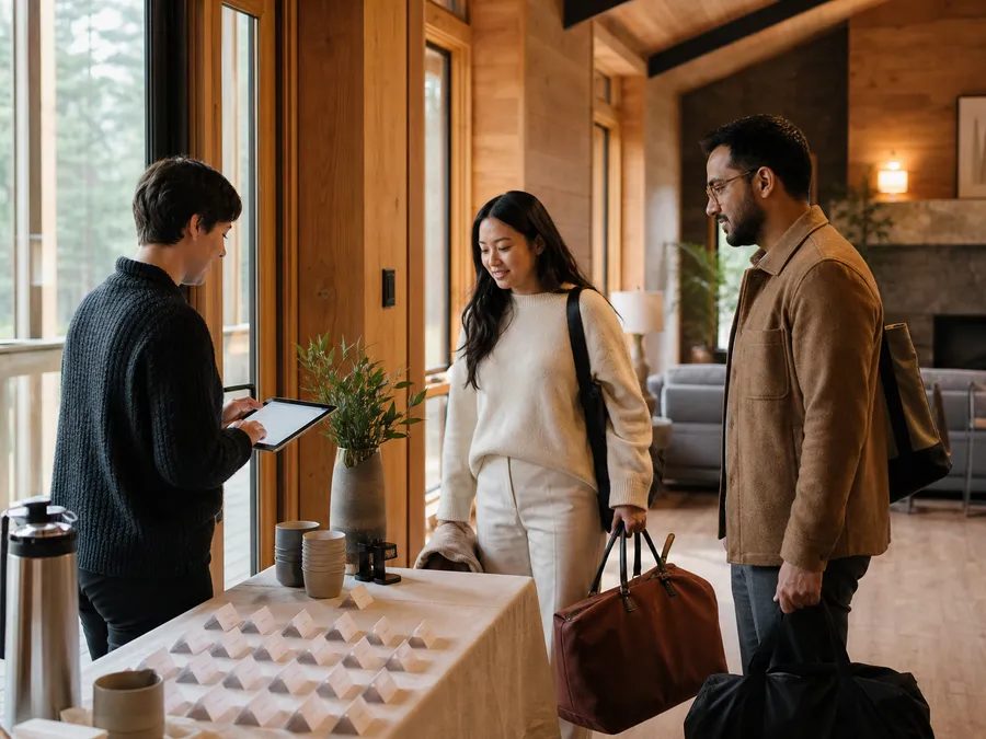 Coworkers checking in for a company retreat at a lodge