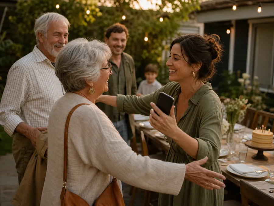 Family members greeting each other at an outdoor celebration