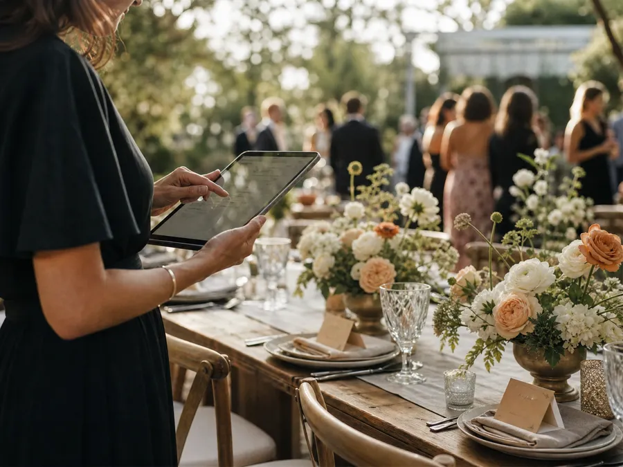 A wedding host reviewing guest details on a tablet beside a reception table