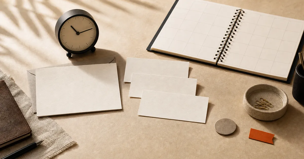 Blank email card beside three blank time-option cards, an unselected calendar, a clock, and a separate reply token