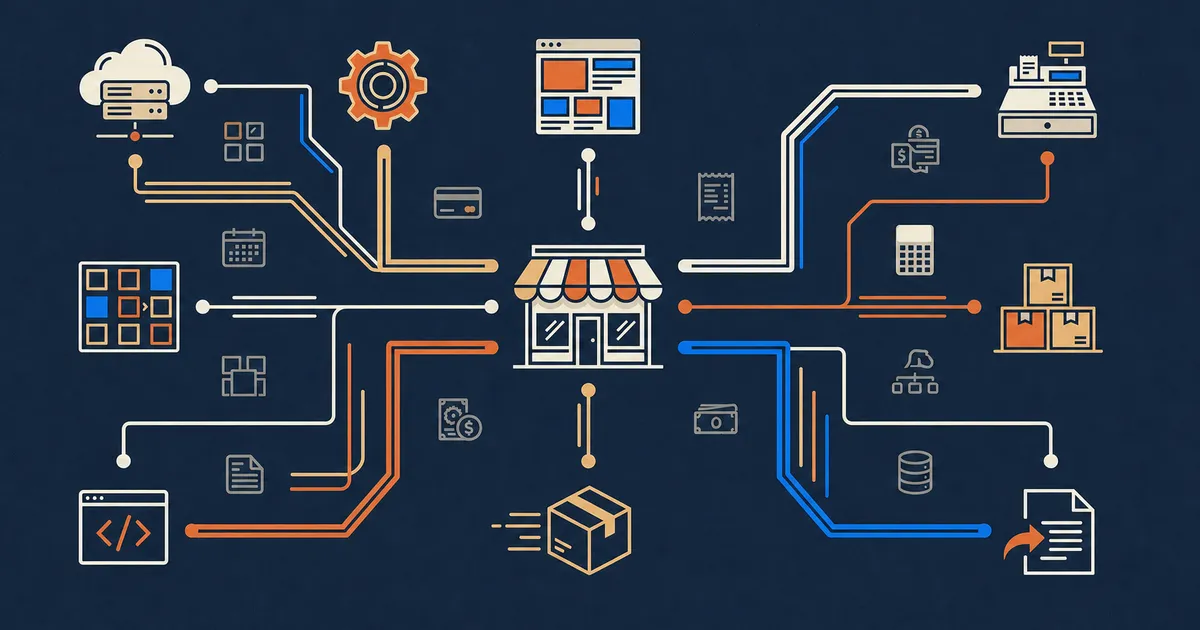 Editorial ecommerce platform map connecting a storefront to hosting, catalog, payments, shipping, point of sale, code, and export paths