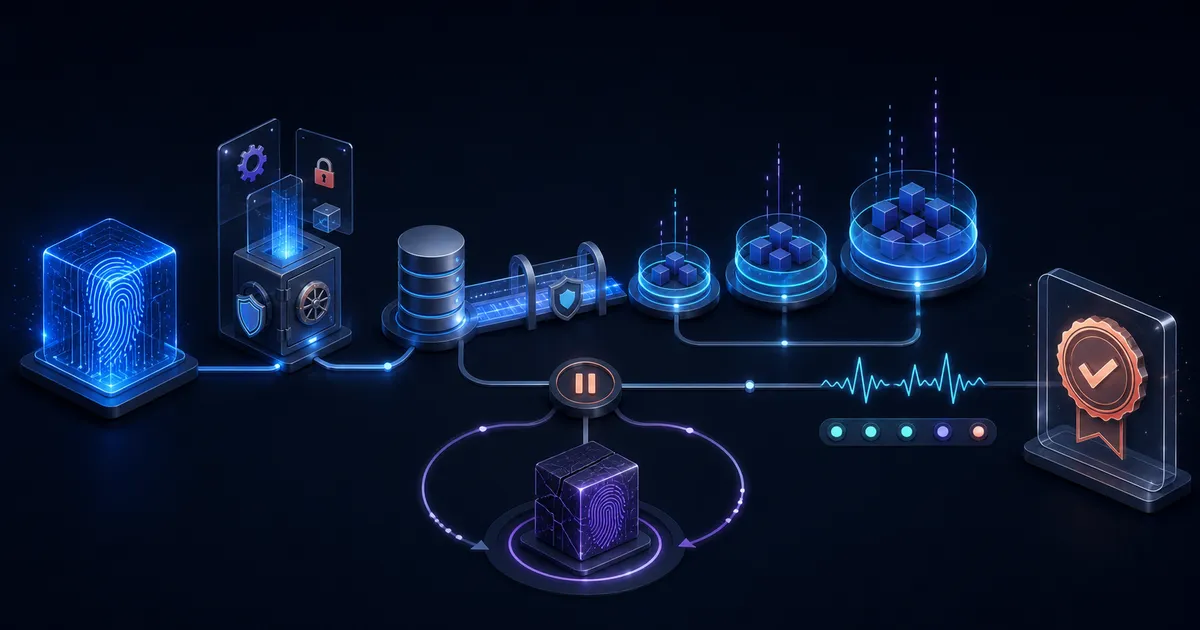 Text-free illustration of an immutable artifact moving through a protected configuration boundary, database step, staged rollout rings, health signals, rollback loop, and verified closure
