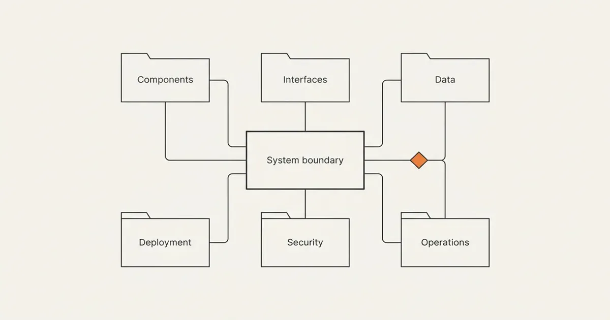 Illustrated software design document map labeled system boundary, components, interfaces, data, deployment, security, and operations