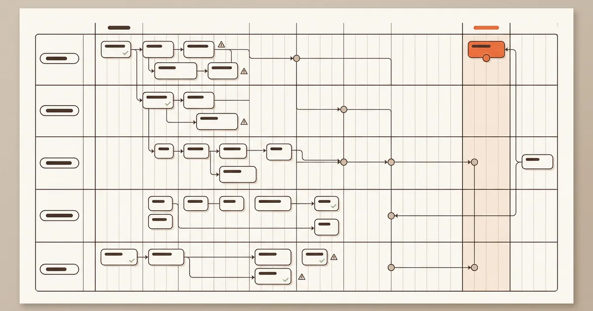 Five software delivery lanes connected through milestones to a release gate and rollback path
