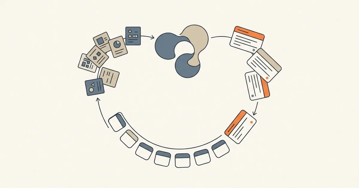 Neutral illustrated learning loop connecting evidence cards, themes, experiments, and follow-up