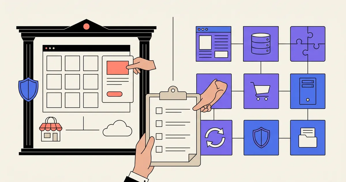 Editorial decision illustration contrasting a managed website system with a modular self-hosted CMS and maintenance clipboard
