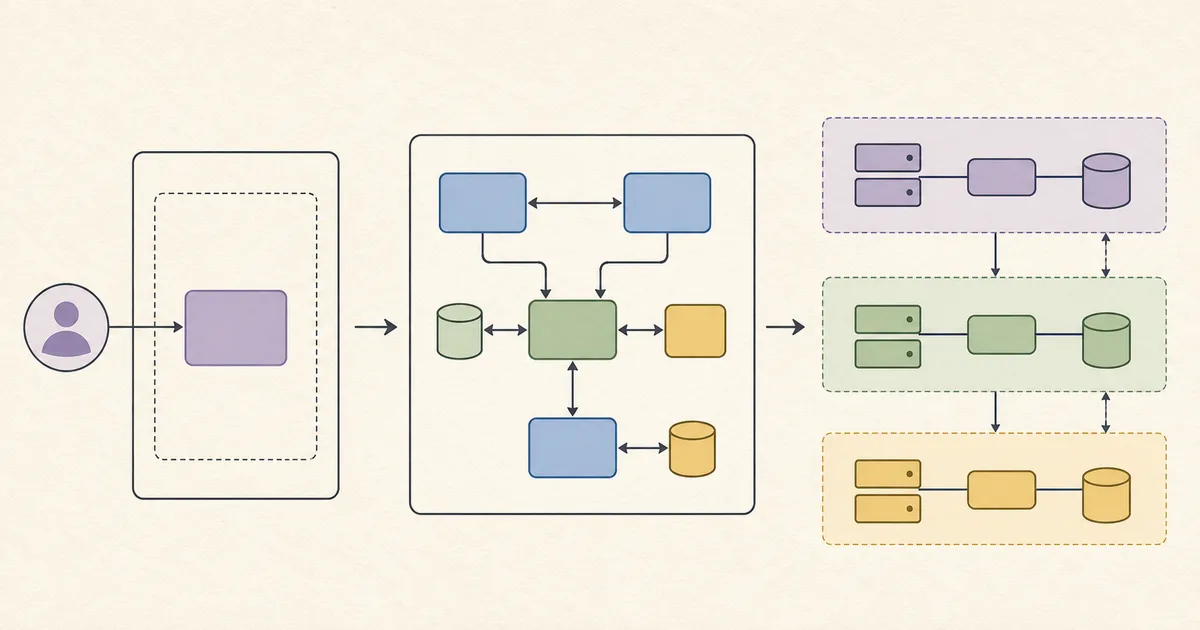 Illustrated architecture composition with context, container, and deployment layers connected by arrows and trust-zone boundaries