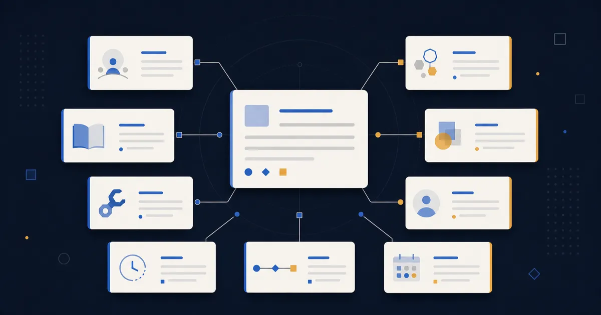 Illustrative documentation index connected to audience, content type, owner, trace, version, and review records