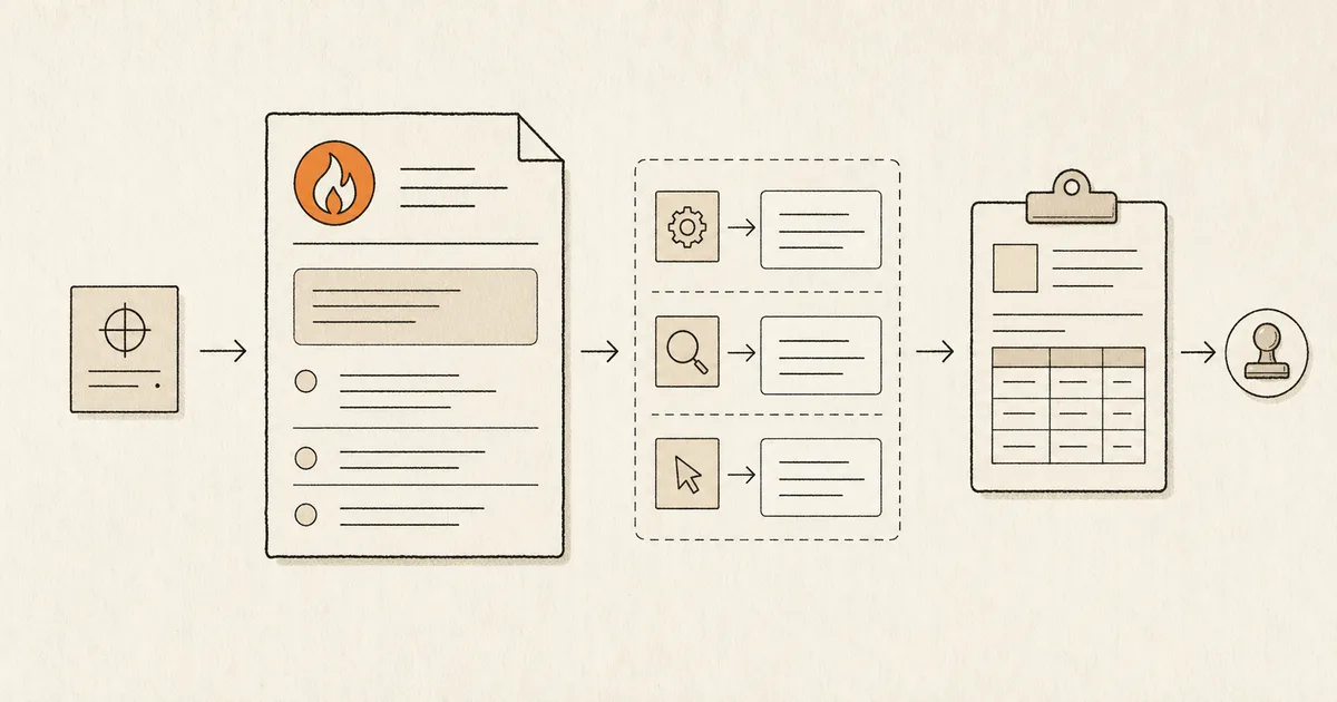 Illustrated technical test case connecting a requirement card to ordered action and expected-result pairs and an evidence record