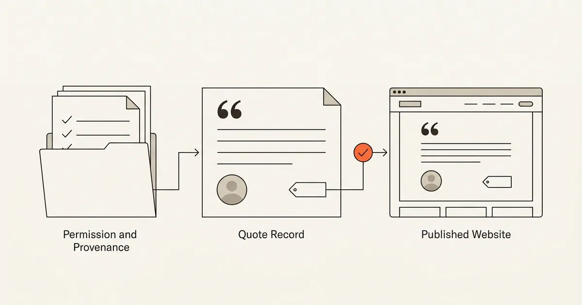 Illustrative evidence ledger moving a customer quote through source, permission, approved excerpt, placement, and review