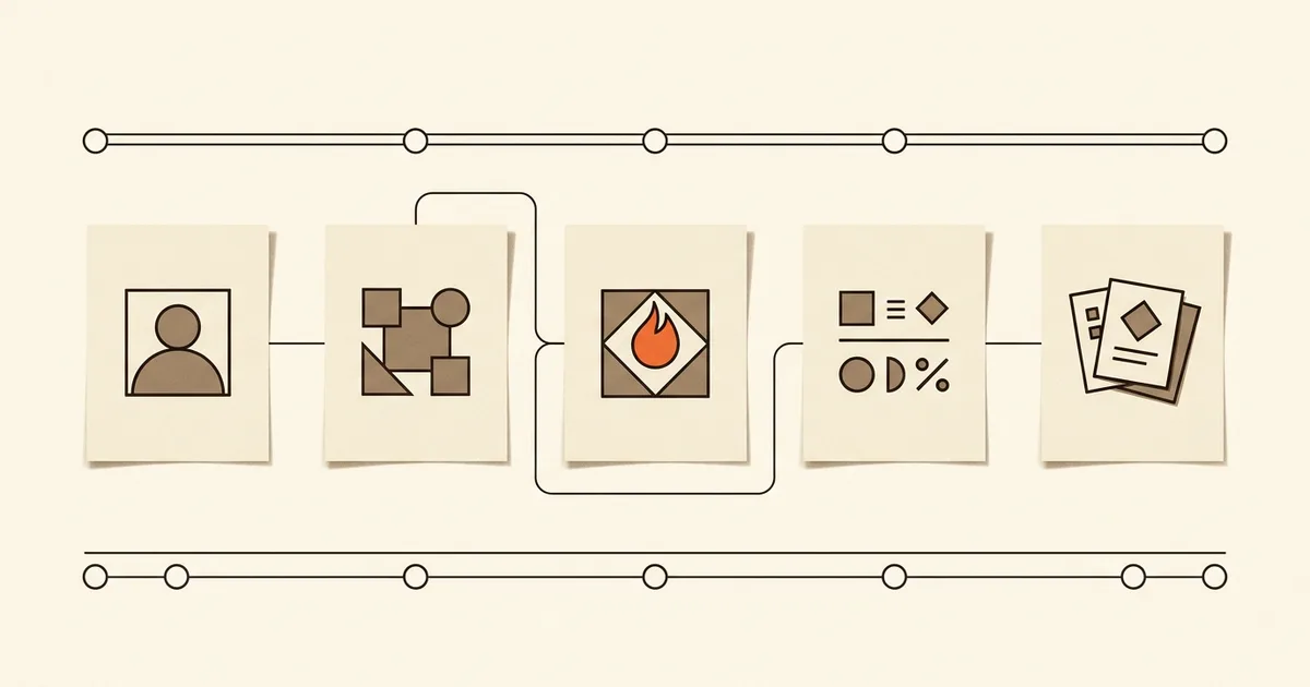 Five illustrated story cards connected between ready and done boundary rails