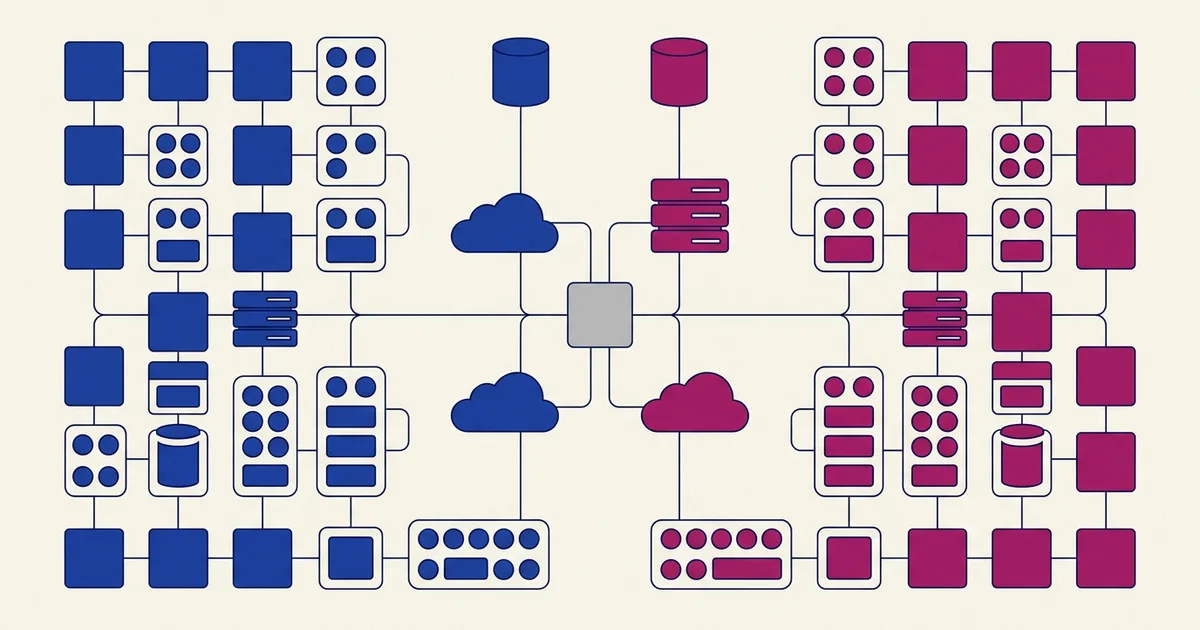 Neutral full-stack system map comparing two equally weighted app workflows