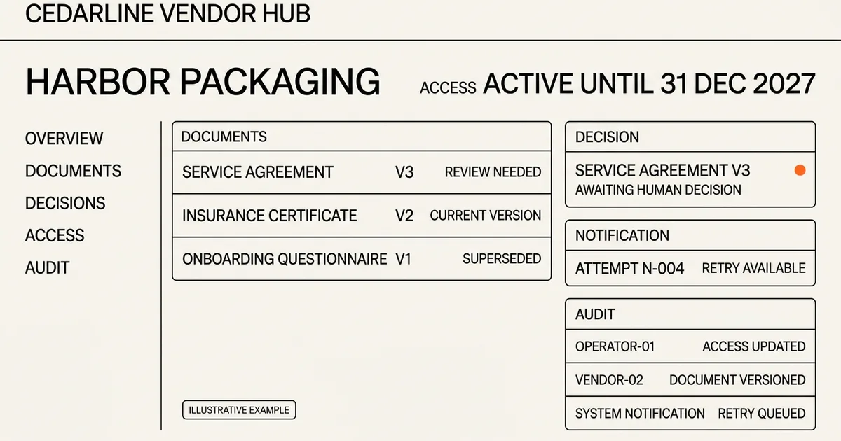 Illustrative Cedarline vendor portal for Harbor Packaging with document versions, an awaiting-human-decision record, notification retry, and audit events